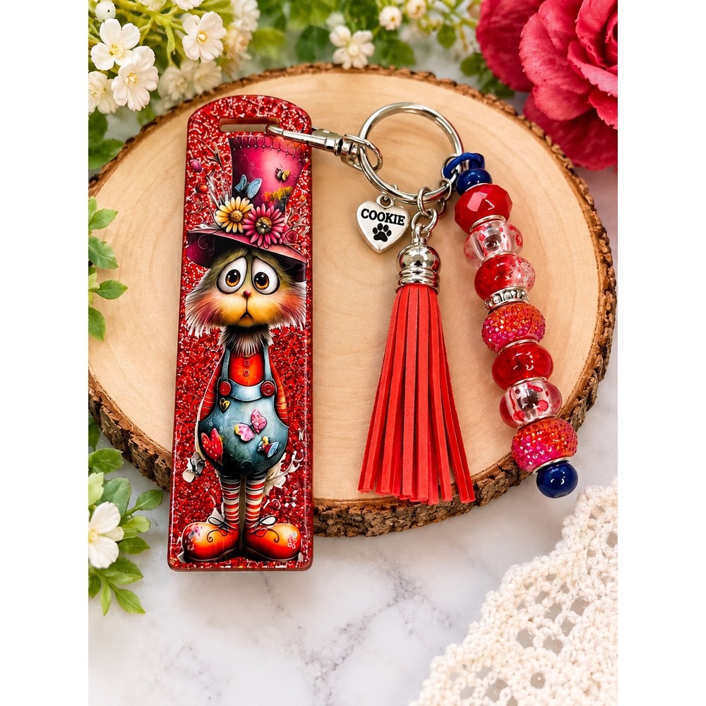 Whimsical Hat Character Red Glitter Acrylic Keychain Tassel Cookie Heart Charm 8